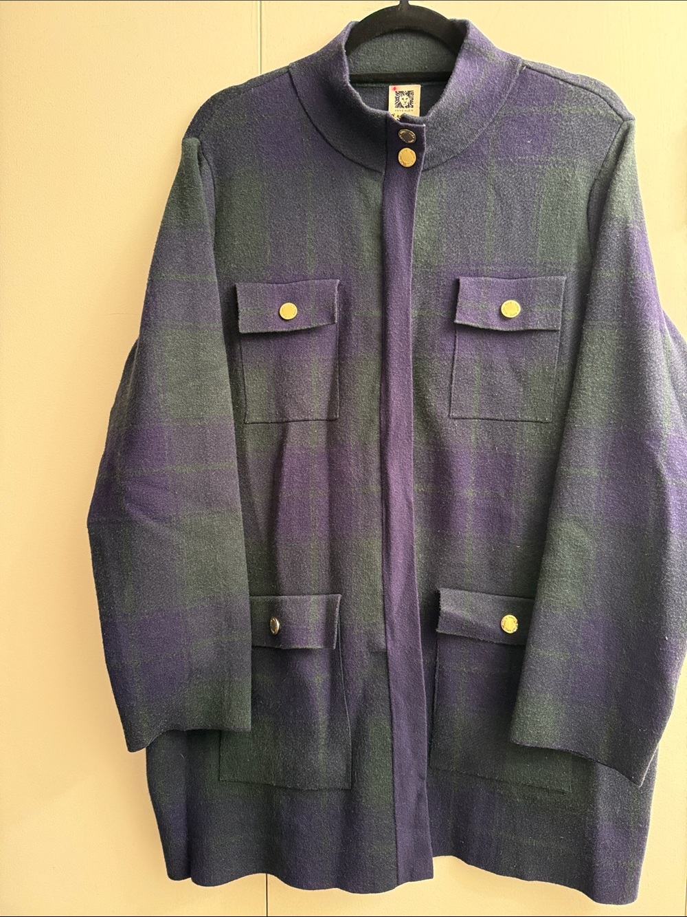 Anne Klein Navy & Green Plaid Military-Style Jacket